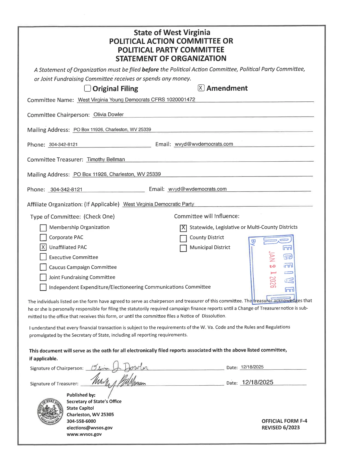 Preview of WVYD F-4 Statement of Organization — Dowler (January 2026)